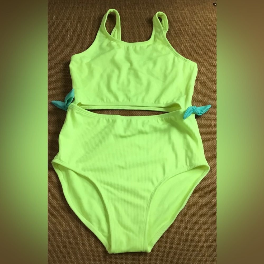 Cat & Jack Girls One Piece Ribbed Neon Green Swimsuit Size XL(14) - K724